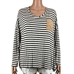 Top Pullover Striped Knit Long Sleeve Suede Elbow Patch & Pocket White Black 3X